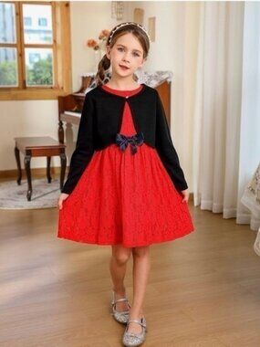 Bonny Billy Girls Long Sleeve Midi Lace Party Kids Dress size 5/6 Navy Blue Bow